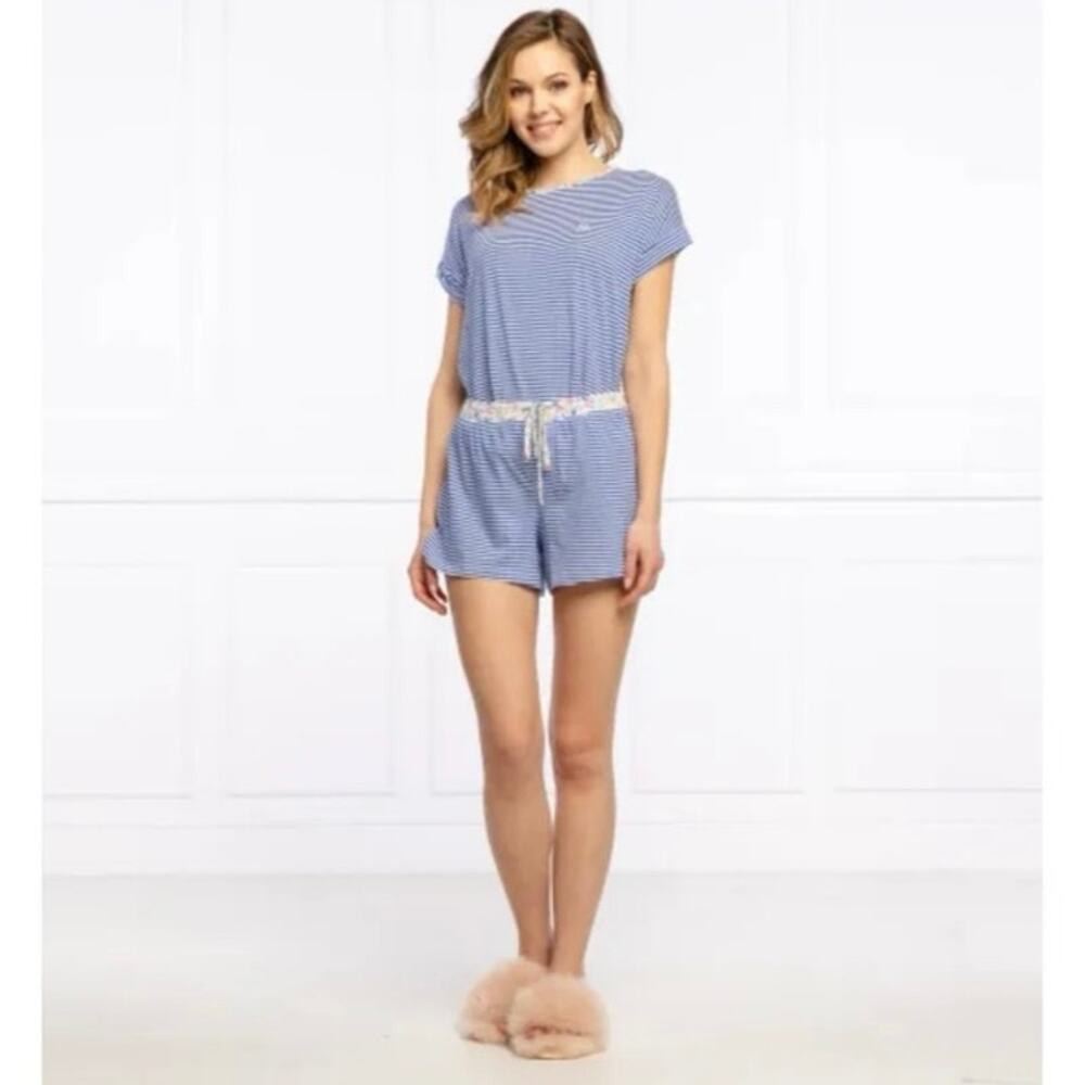 Ralph Lauren LRL Blue Striped Floral Trim Shorts/Tee PJ Set XL Embroidered Sleep